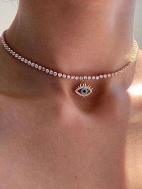 Gold and White Crystal Evil Eye Choker Necklace - Women Jewelry R 460